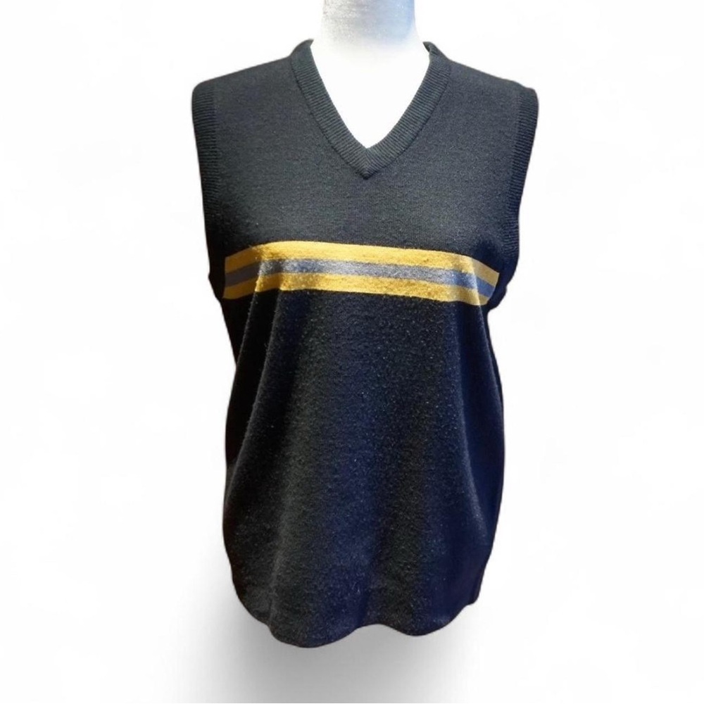 💚 VINTAGE UNION BAY Navy Yellow/Gray Stripe Knit V-Neck Sweater Vest
